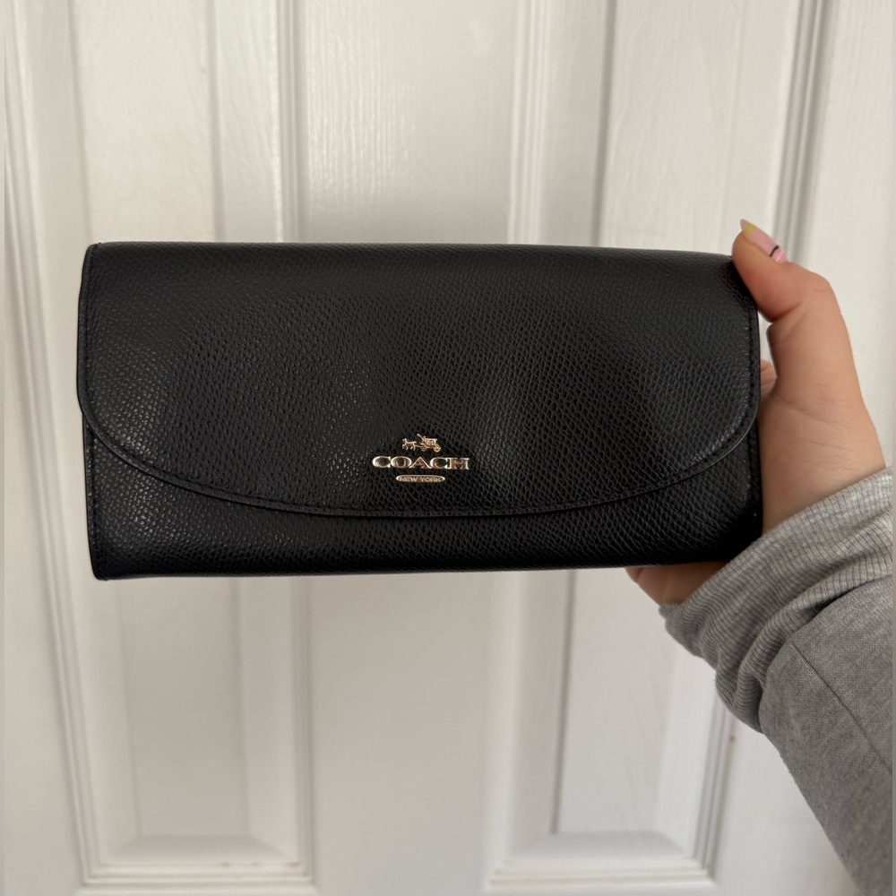 Coach Black Pebbled Leather Wallet Clutch with Gold Logo